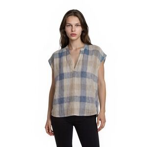 4our‎ Dreamers 100% Linen Blouse Top Women's Size Small Blue Beige Plaid